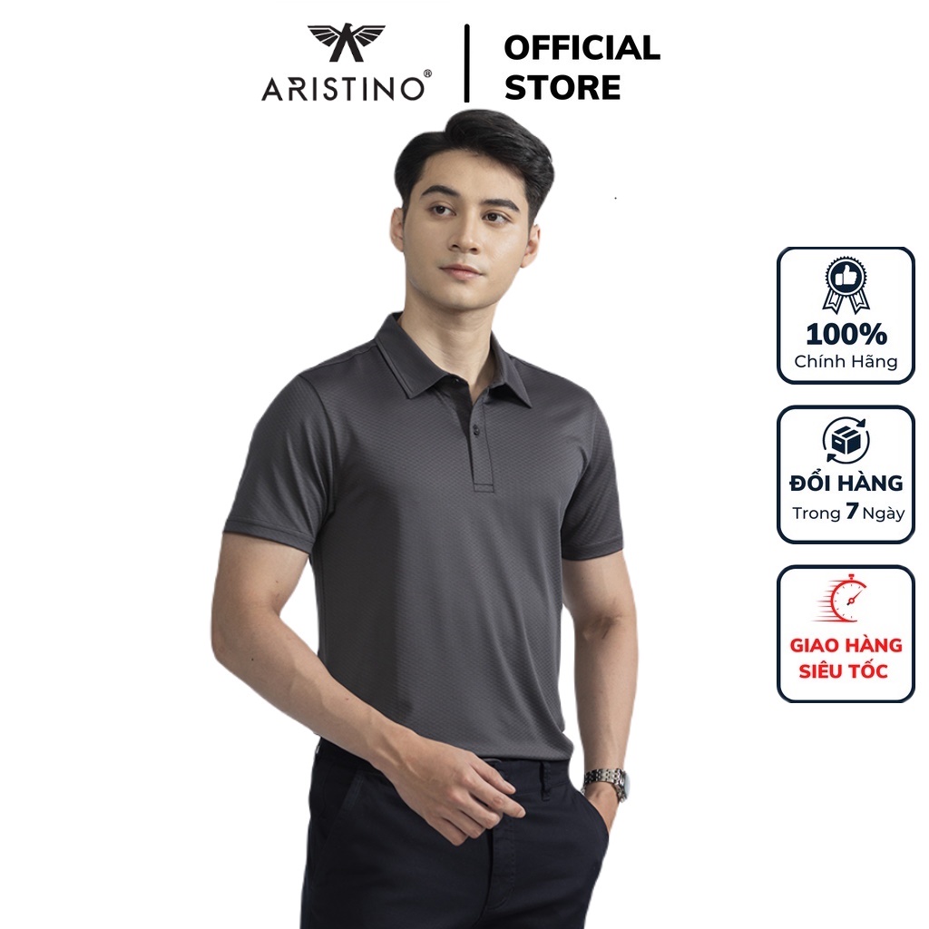 Áo thun polo nam Aristino APS041S2 phông ngắn tay cổ bẻ dáng suông vừa màu xám họa tiết chìm vải Polyester thể thao