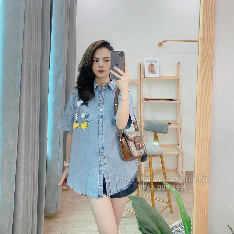 Áo sơ mi nữ bò jean kiểu hàn quốc dài tay chữ thêu thời trang nữ phong cách LyLy Shop