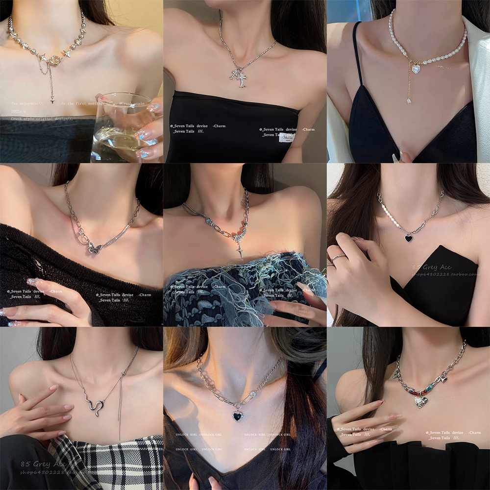 Vòng cổ Kim Loại Y2K Mặt Thánh Giá / Trái Tim / Bướm Đính Hạt Ngọc Trai Thời Trang