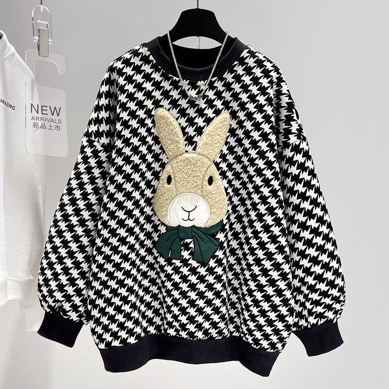 Áo sweater dày dặn họa tiết kẻ sọc thêu hình thỏ có kích thước 200 Jin phong cách mới cho nữ