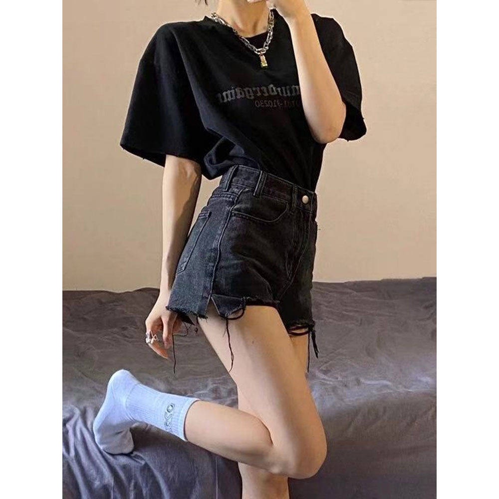 Quần Short Denim Màu Đen Lưng Cao Dáng Chữ a Ống Rộng Phong Cách Hàn Quốc Thời Trang Mùa Hè Cho Nữ