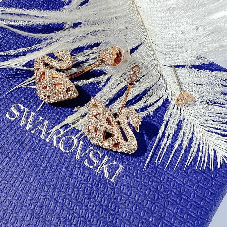 Khuyên tai nữ, trang sức swarovski thiên nga dáng lưới màu vàng hồng đeo 2 kiểu, tinh tế fullbox_thien_nga_viet_nam