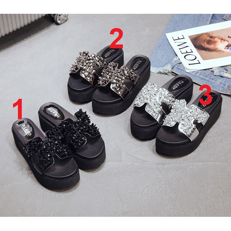 Dép Đế Xuồng Nữ Cao Gót Quai Ngang Chữ H Đính Đá Cườm Cao 6Cm