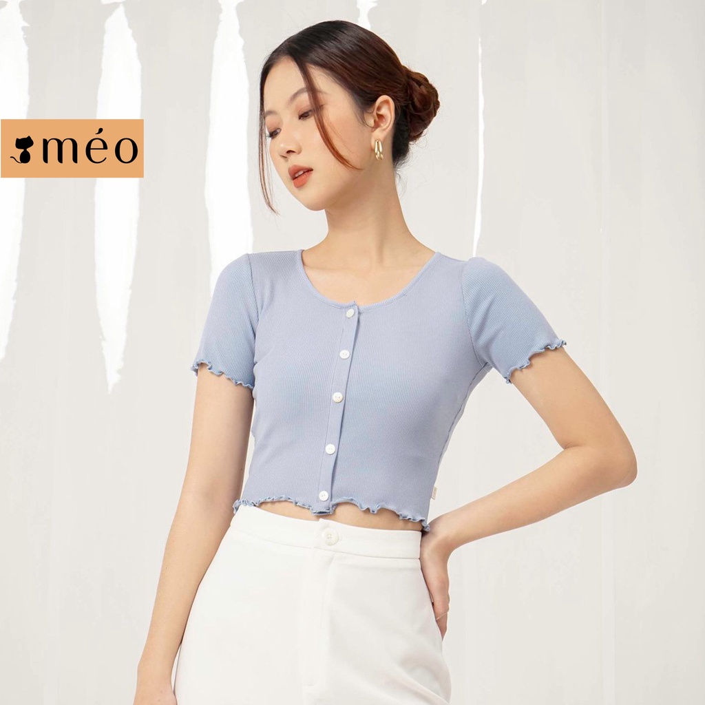 Áo kiểu dệt kim nữ Méo shop dáng croptop ngắn tay cổ tròn Shou