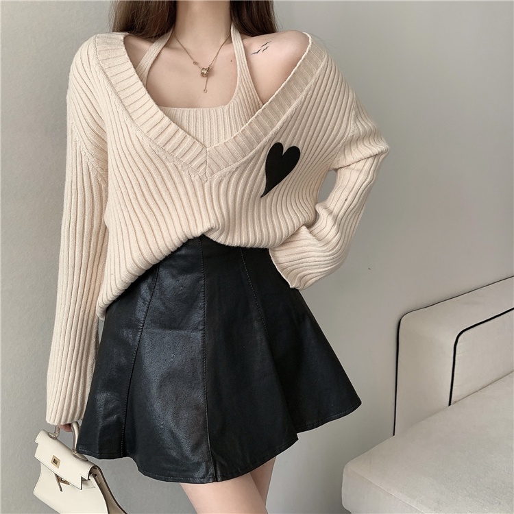 áo len cổ chữ V trễ vai + chân váy da thời trang nữ (có bán lẻ)