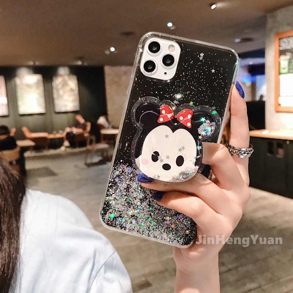 Ốp điện thoại TPU kim tuyến nước trong suốt có giá đỡ hoạt hình chống rơi cho Iphone 12 11 X Xs Pro Max 7 8 Plus Xr