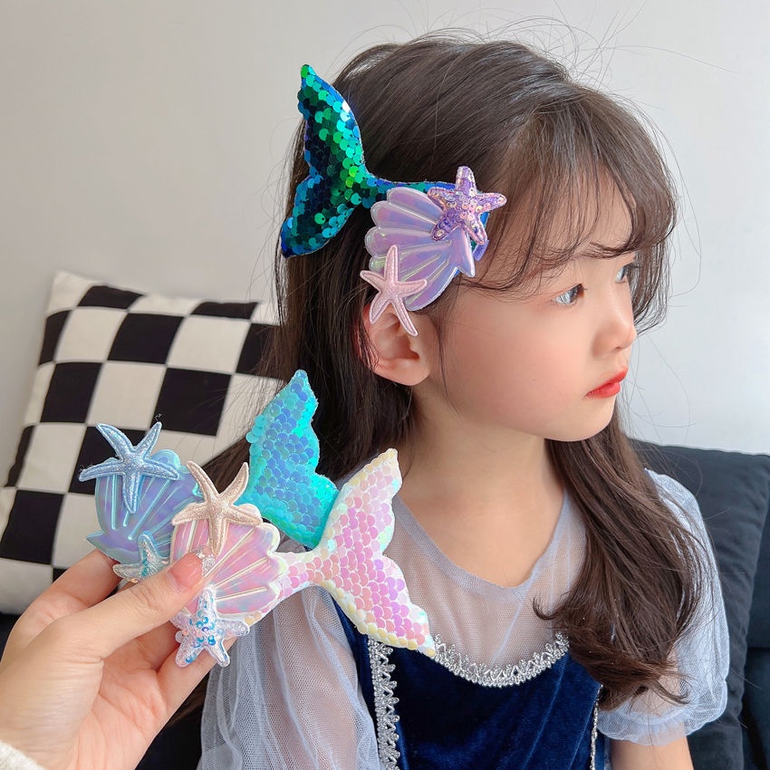 Kẹp Tóc Hình Vỏ Sò / Sao Biển Đính Kim Sa Lấp Lánh Dễ Thương Cho Bé Gái