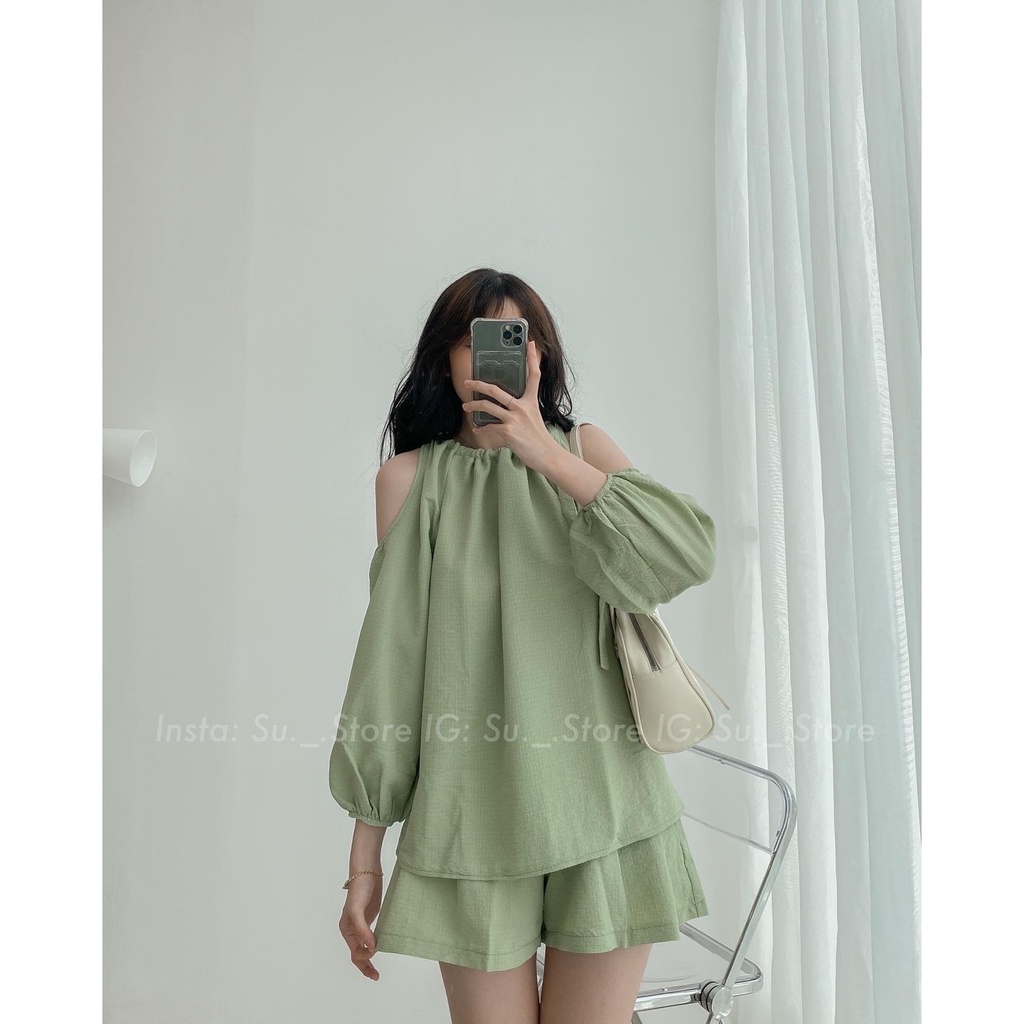 Set áo khoét vai nơ buộc kèm quần sooc S325 SUSTORE