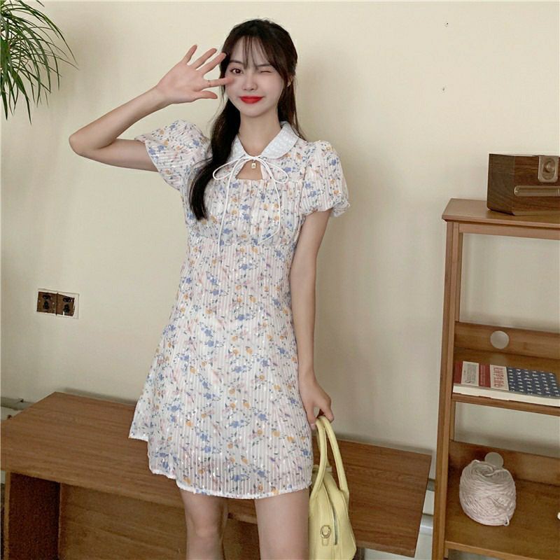 [🍓Order] Đầm hoa tay ngắn cổ sen cut out trẻ trung | WebRaoVat - webraovat.net.vn