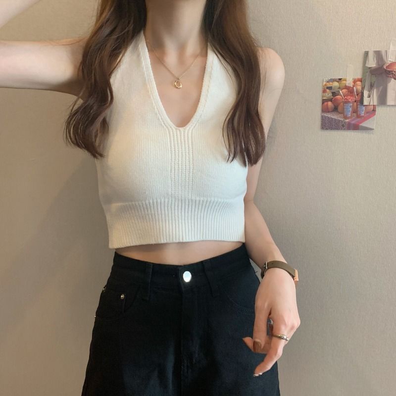 Áo dệt kim hai dây cổ chữ V lưng cao thời trang mùa hè cho nữ