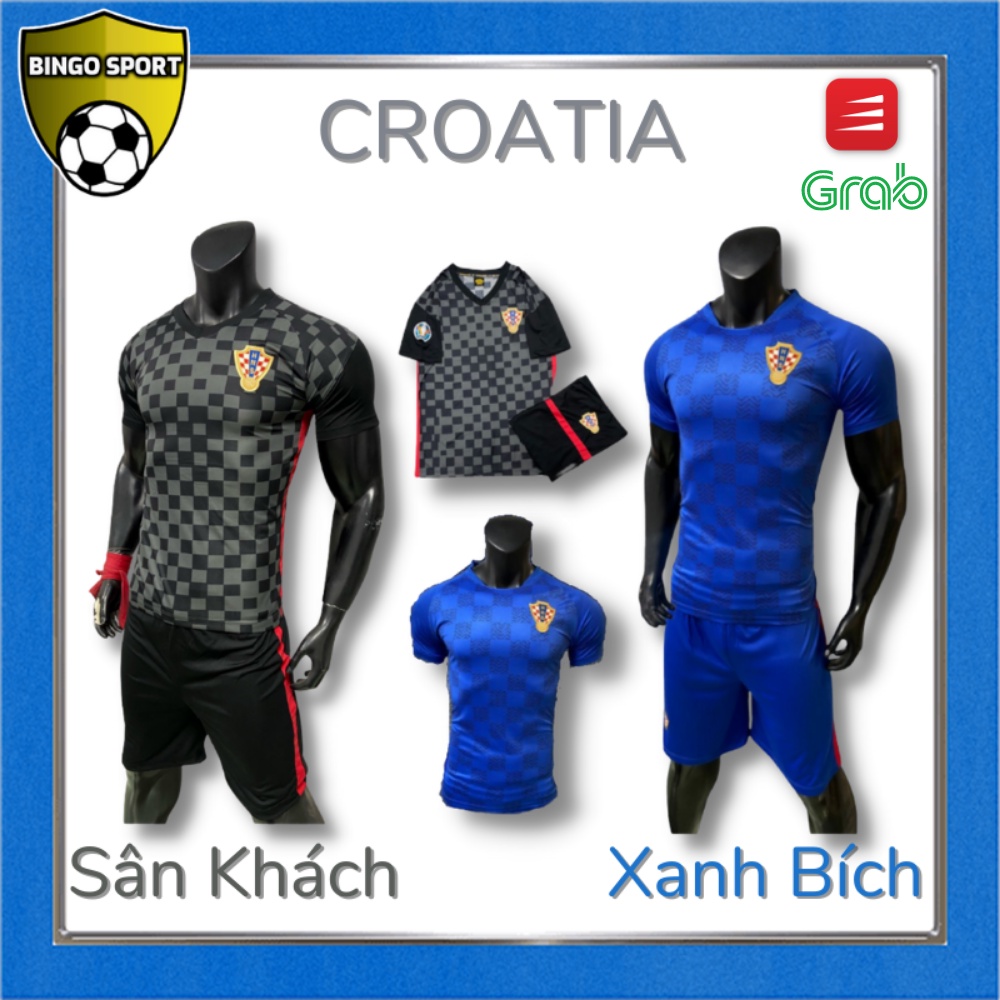 Áo Bóng Đá, Đá Banh, Thể Thao Tuyển CROATIA EURO - Thun Lạnh 4 Chiều Logo Thêu Nổi - Sân Khách, Xanh BINGO SPORT