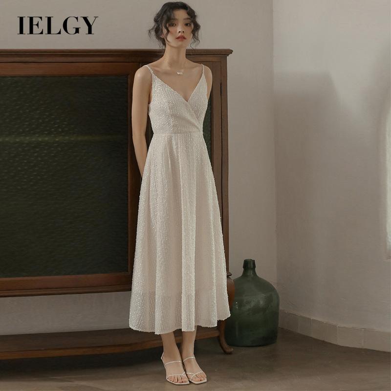 IELGY  Đầm Dài Hai Dây Màu Trắng Phong Cách Pháp Cổ Điển Thời Trang Cho Nữ