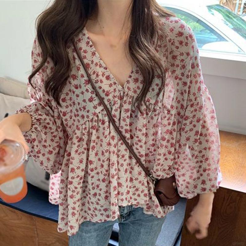 Áo Sơ Mi Chiffon Tay Dài Cổ Chữ V Dáng Rộng In Họa Tiết Hoa Đơn Giản Ngọt Ngào Kiểu Hàn Quốc