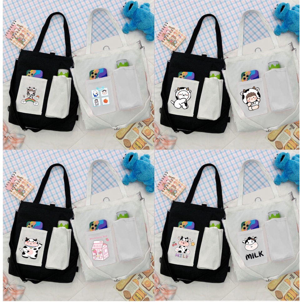 Túi Vải Tote Kiêm Balo avocado TBL1 hổ mập quả bơ trà sữa trứng lười yakult hoa cúc GD bò sữa gudetama shiba roro jump