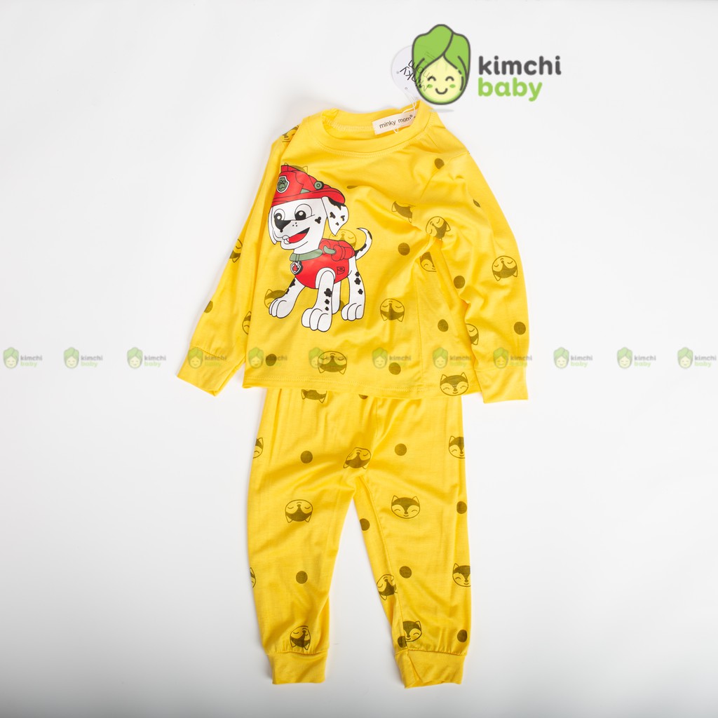 Đồ Bộ Bé Trai, Bé Gái Minky Mom Vải Thun Lạnh Cún Chấm Bi In Hình, Bộ Dài Tay Cho Bé Mặc Thu Đông MKMTD2165