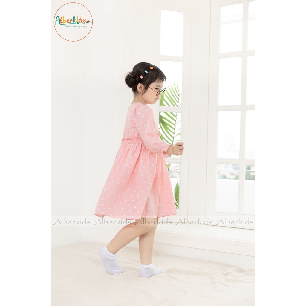 Váy bé gái ALBERKIDS tay dài hồng hình TRÁI TIM công chúa xinh đẹp cho trẻ em gái từ 2,3,4,5,6,7,8,9,10,11,12 tuổi [V40]