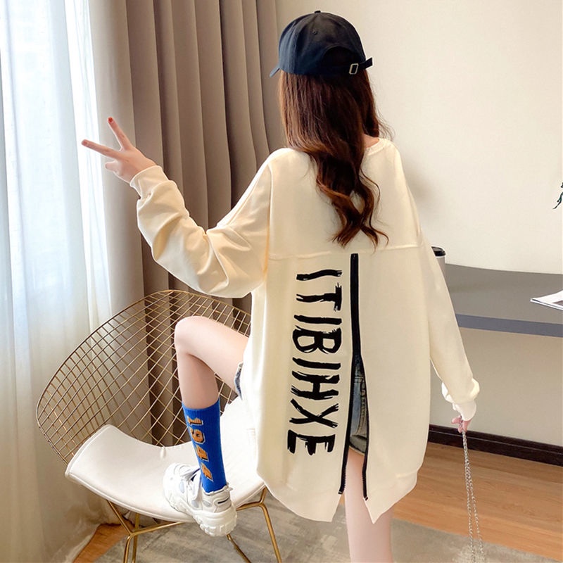 Áo Sweatshirt Dáng Rộng Dài Vừa Lưng Ngắn Có Khóa Kéo Phía Trước Và Sau Phong Cách Phương Tây Cỡ Lớn Cho Nữ