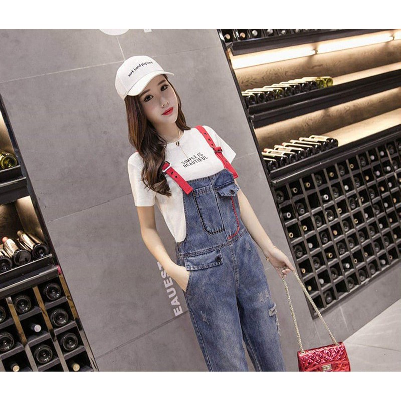 Set Quần Yếm Jean Rách kèm Áo Thun Cotton hàng nhập Quảng Châu chuẩn form