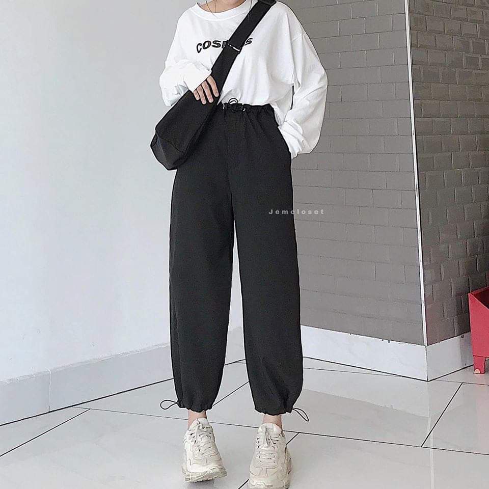 Set áo thun COS dài tay phối quần dài rút dây eo / Bộ đồ thu đông nam nữ form rộng style Ulzzang Nanashop