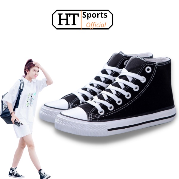 Giày vải thể thao nam nữ HT Sports cổ cao màu đen phối đồ cá tính đi học đi chơi full box