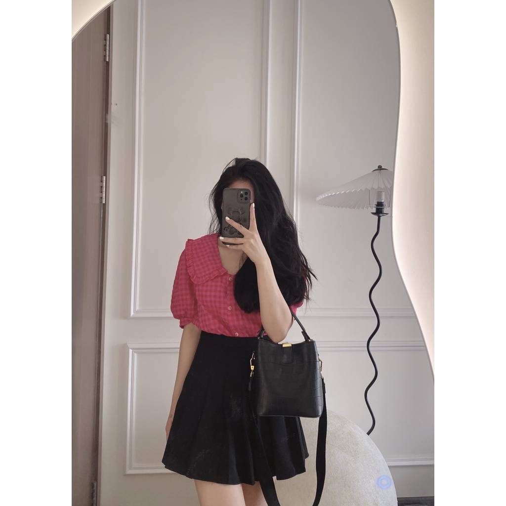 Áo Sơ-mi Nữ Đũi Xốp Caro Cổ Bèo 2 Màu Trắng/Hồng [LanHin90]