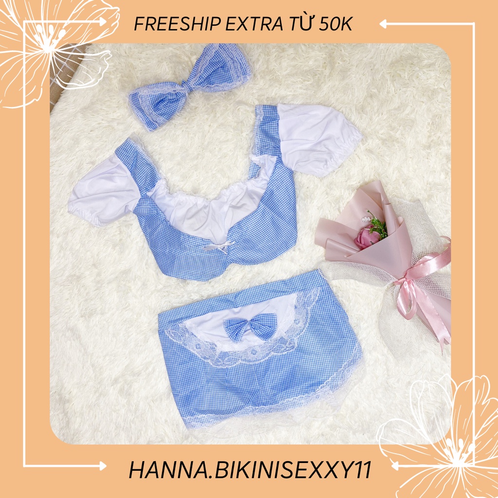 Đồ ngủ cosplay hầu gái, set hầu gái kẻ caro xanh cao cấp 1254, Hanna.bikinisexxy11 | BigBuy360 - bigbuy360.vn