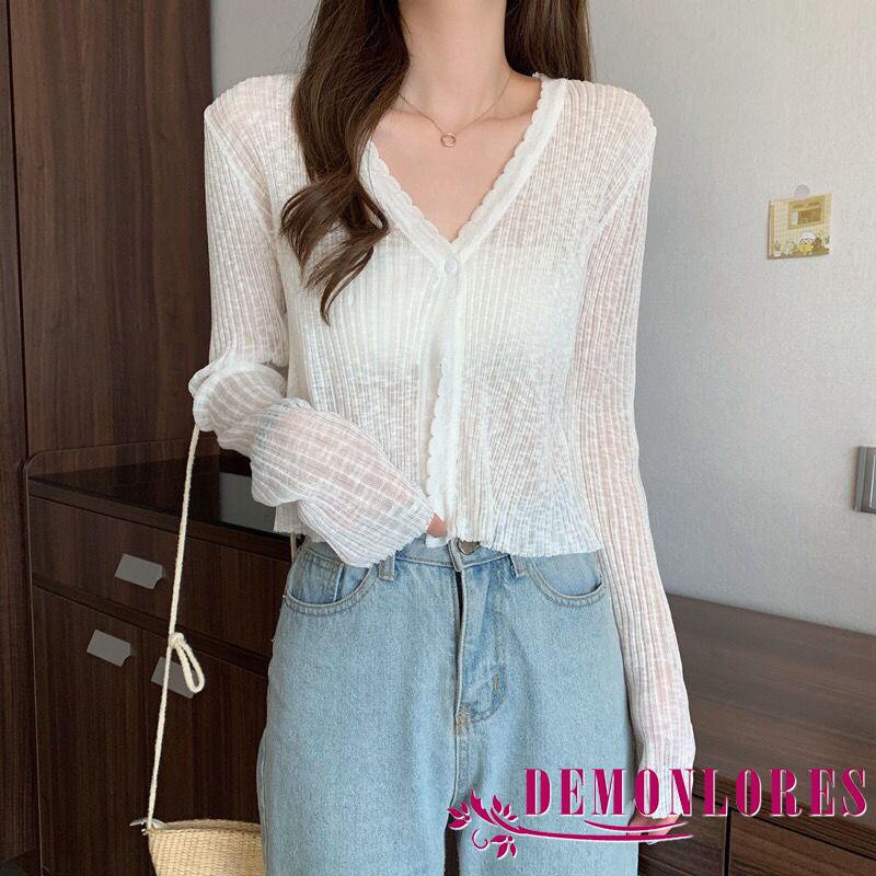 Áo Croptop Dệt Kim Tay Dài Dáng Rộng Cài Nút Màu Trơn Thời Trang Cho Nữ