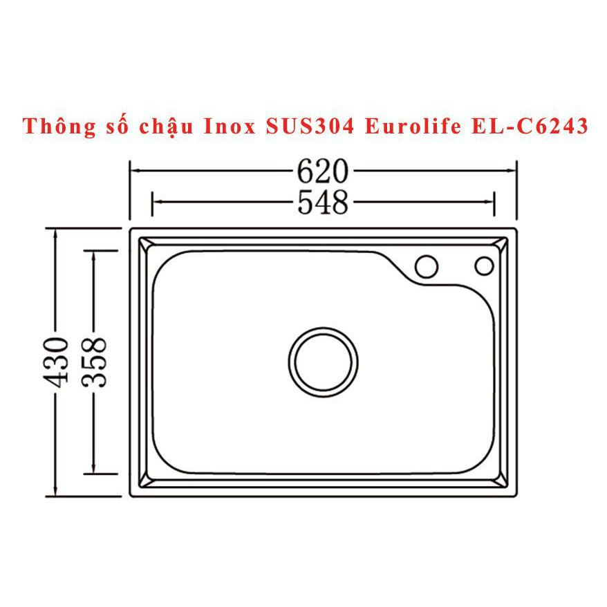 ☃Chậu rửa chén Inox SUS304 1 hố Eurolife EL-C6243 (Trắng bạc)