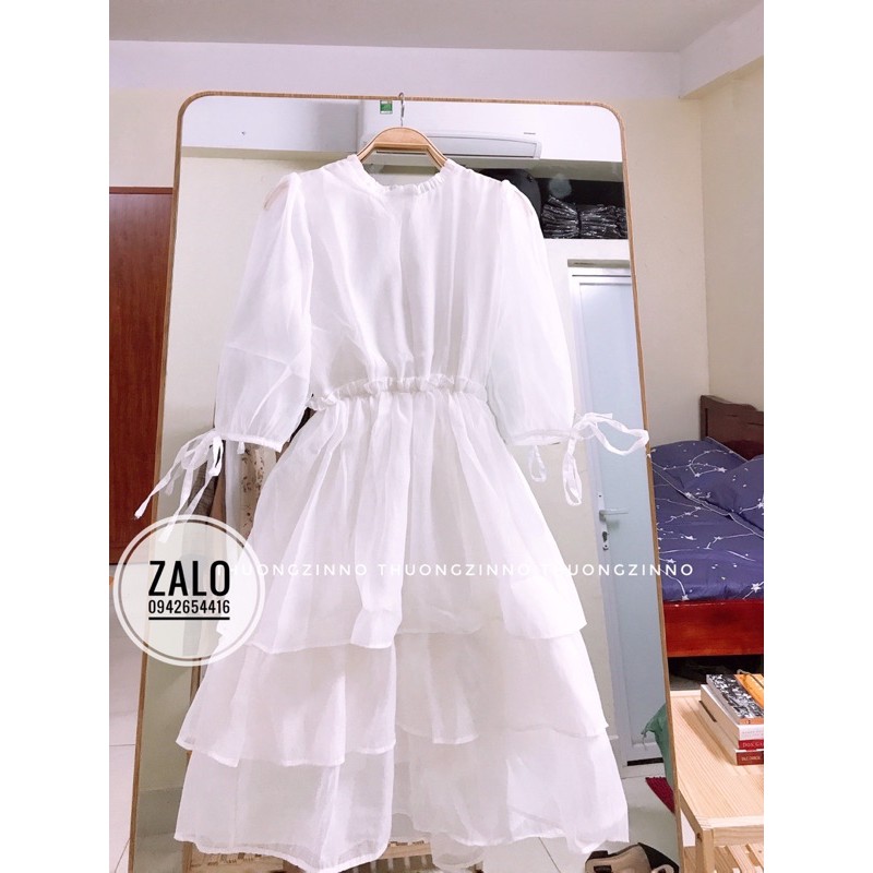 Váy trắng cổ bèo 3 tầng thiết kế dáng tiểu thư