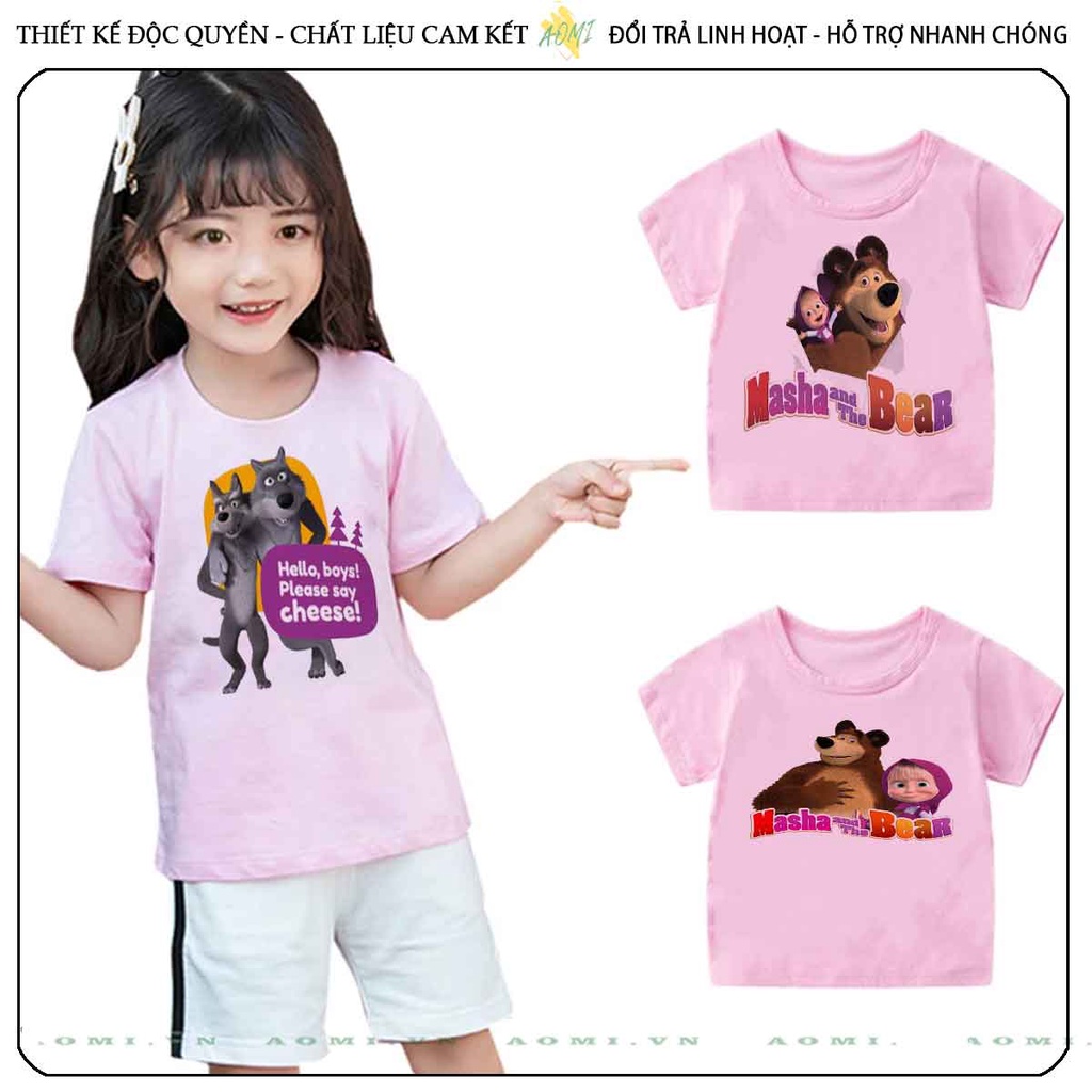 ÁO THUN masha and bear gấu nâu UNISEX PHÔNG HỒNG TAY NGẮN NAM NỮ GIA ĐÌNH CẶP ĐÔI SIZE TRẺ EM BÉ TRAI GÁI AOMIVN