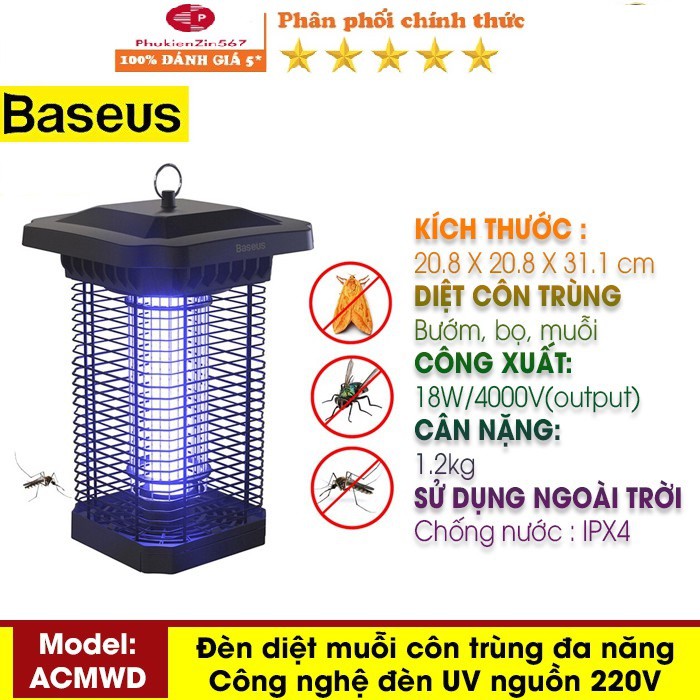 Đèn Bắt Muỗi, Diệt Côn Trùng Bằng Công Nghệ Tia UV Baseus Pavilion Courtyard Mosquito Killer 18W - 4000V, Kháng Nước