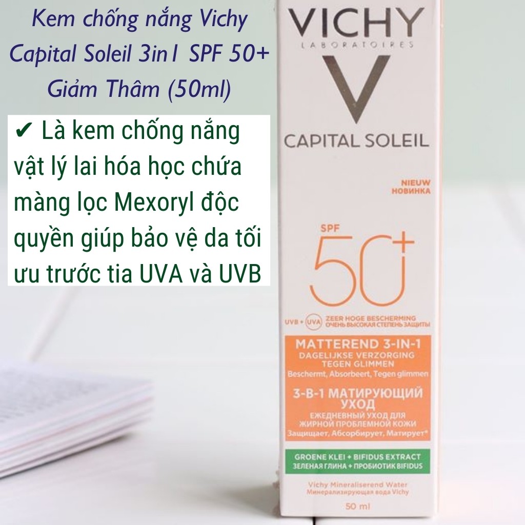 Kem chống nắng VICHY Chống nắng Giảm Thâm Nam Giảm Mụn Nâng Tông Kiềm Dầu Capital Soleil 3in1 SPF 50+ (50ml)