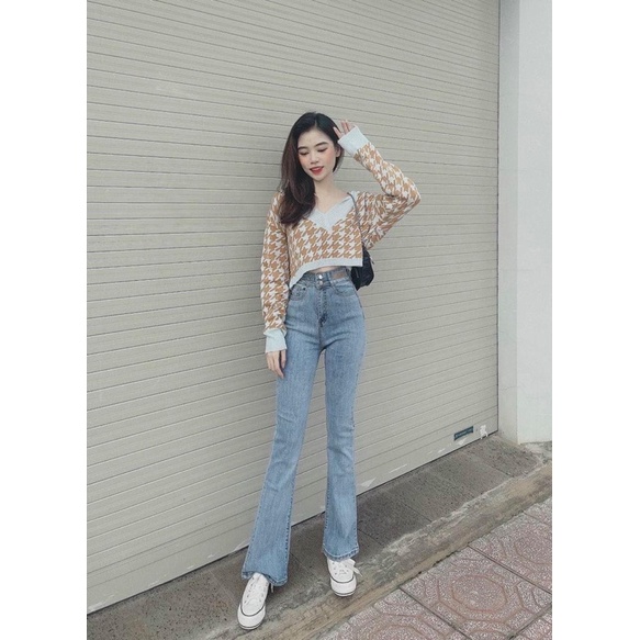 quần jean loe xanh cạp cao 2 cúc