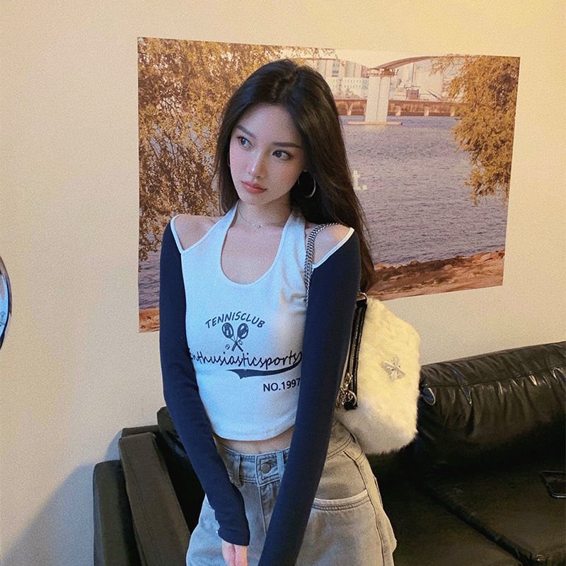 Áo Croptop Trễ Vai Tay Dài In Họa Tiết Màu Tương Phản Thời Trang Cho Nữ COZOK