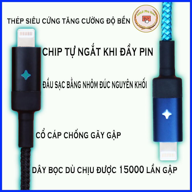 Dây Cáp Sạc iphone Tự Ngắt Khi Đầy Pin - Có Đèn Led - Chính hãng E-Com - Bọc dù chống đứt