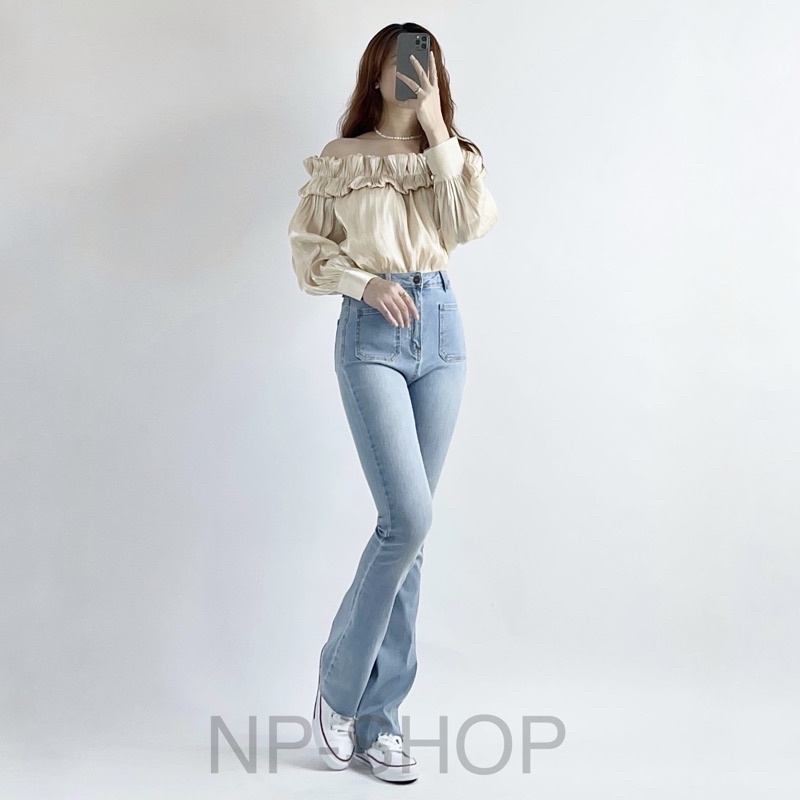 Quần jean ống loe lưng cao kiểu túi vuông NP shop ⚡️ Quần bò nữ ống loe dáng dài sang chảnh