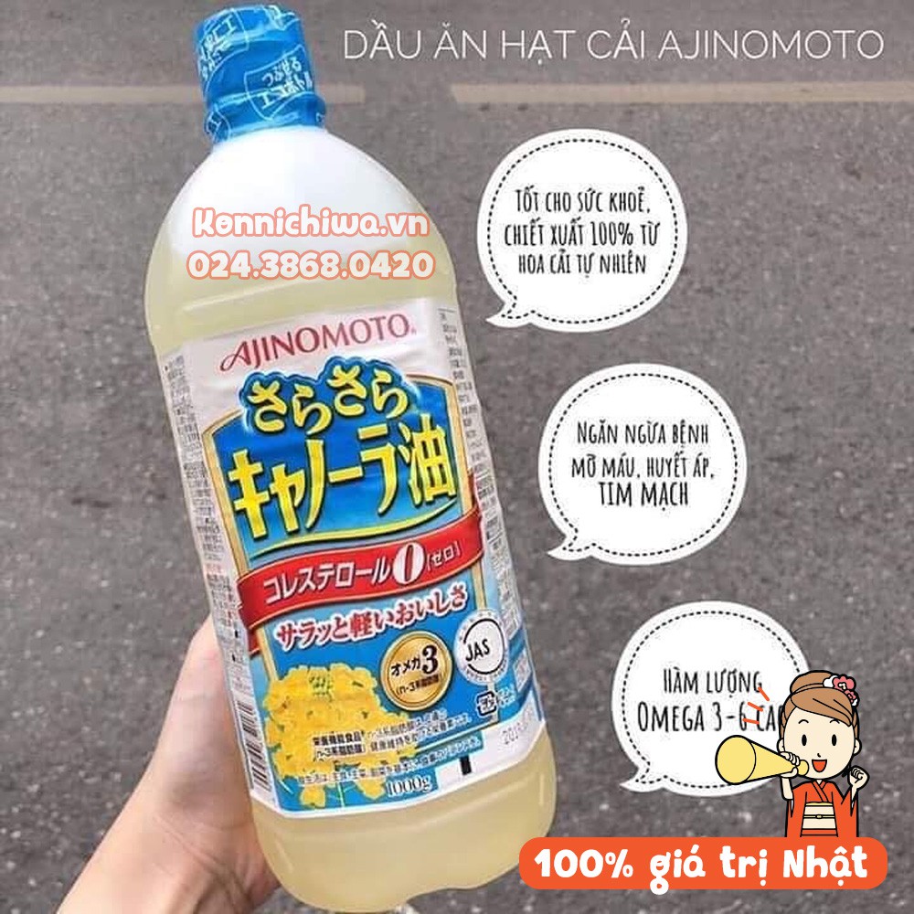 [Date MỚI] Dầu hạt cải AJINOMOTO Nhật Bản chai 1 Lít - Không cholesterol - Bổ sung Omega 3 &amp; 6