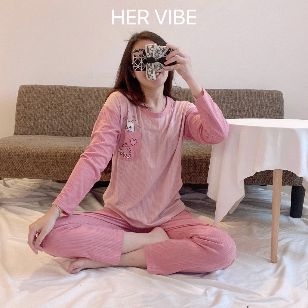 Pijama nữ dài tay thu đông mềm mại, Đồ bộ nữ mặc nhà dễ thương mềm mại nhiều màu Her Vibe | BigBuy360 - bigbuy360.vn