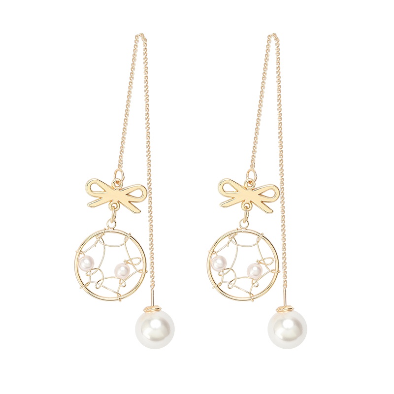 Hoa Tai Dáng Dài Đính Ngọc Trai Nhân Tạo Phối Nơ Phong Cách Hàn Quốc Cho Nữ