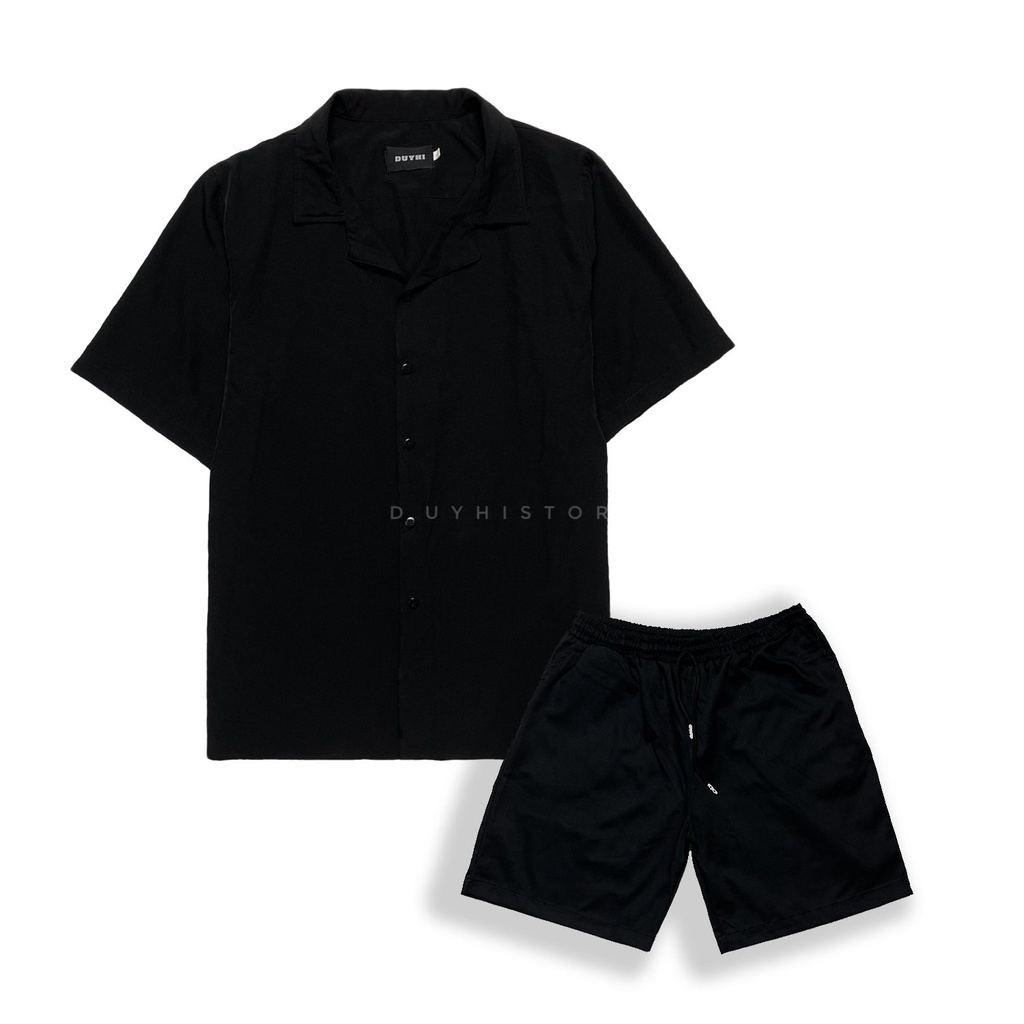 Áo sơ mi cộc tay unisex form rộng họa tiết ĐEN TRƠN cho nam nữ | DUYHI
