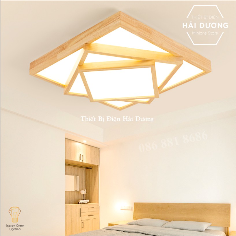 Đèn Ốp Trần Thân Gỗ Cao Cấp DGT-Y380 - 2 Lớp, 3 Lớp Hình Vuông - Đường Kính 48cm - Energy Green Lighting-Bảo Hành 1 Năm