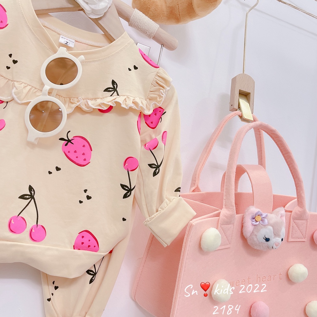 Bộ dài tay thu đông bé gái, cặp bộ quần áo chất cotton bèo ngực nền kem- hồng cho bé