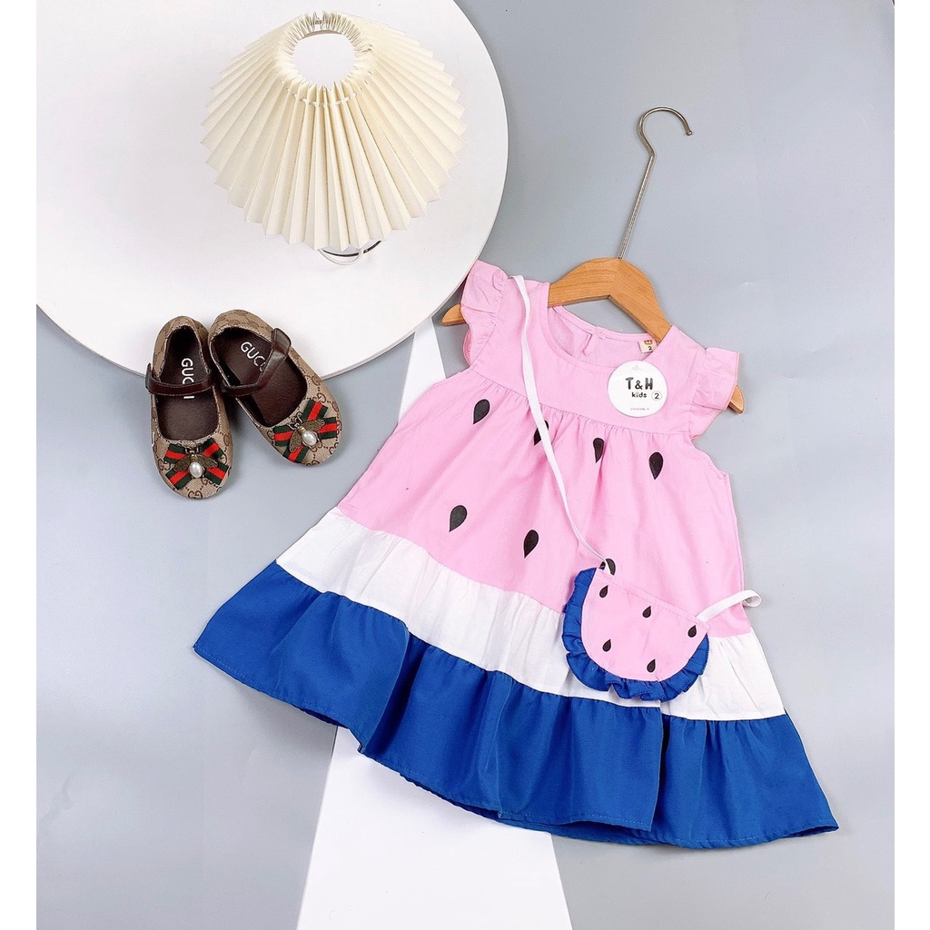 Đầm xòe cho bé gái hình dưa hấu kèm túi size 10-18kg chất kate mềm mát