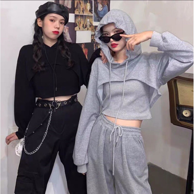 Set Áo Hoodie croptop Sporty kèm áo 2 dây trắng đen xám hồng