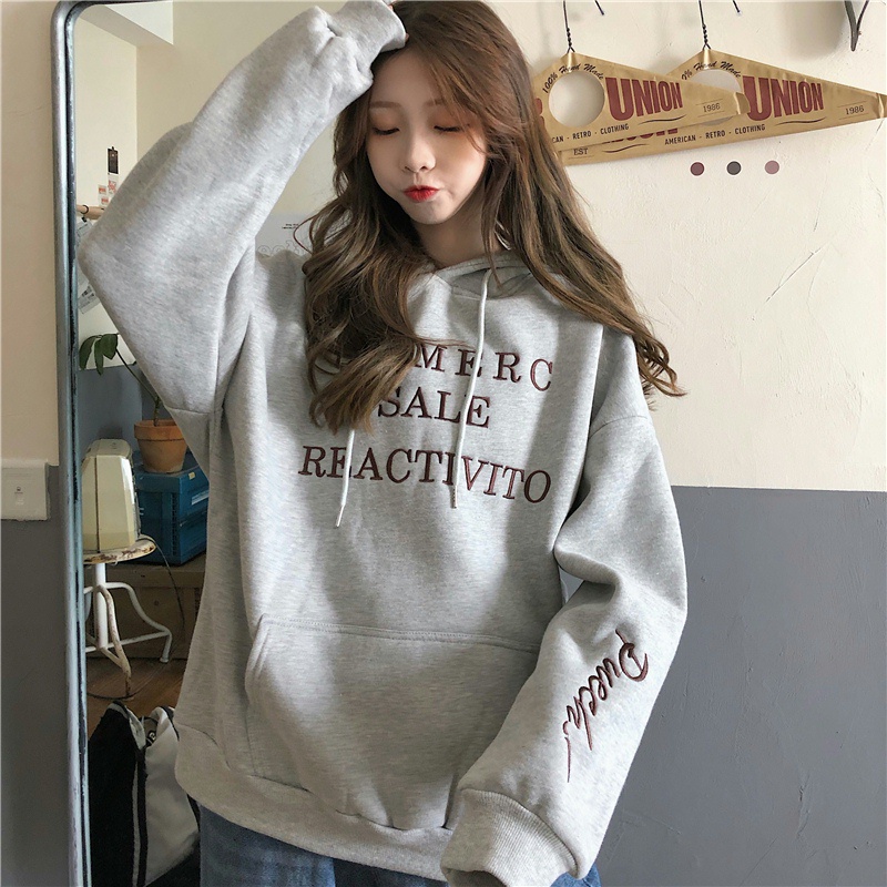 Áo hoodie SUXI dáng rộng thêu họa tiết chữ cái phong cách Hàn Quốc retro thời trang mới dành cho nữ