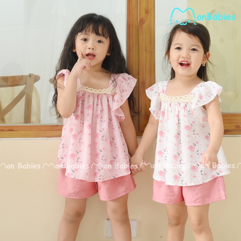 Quần áo bé gái 1-6 tuổi chất đũi tằm họa tiết voi con MonBabies VL74 - Bộ cộc tay bé gái thời trang cao cấp chính hãng