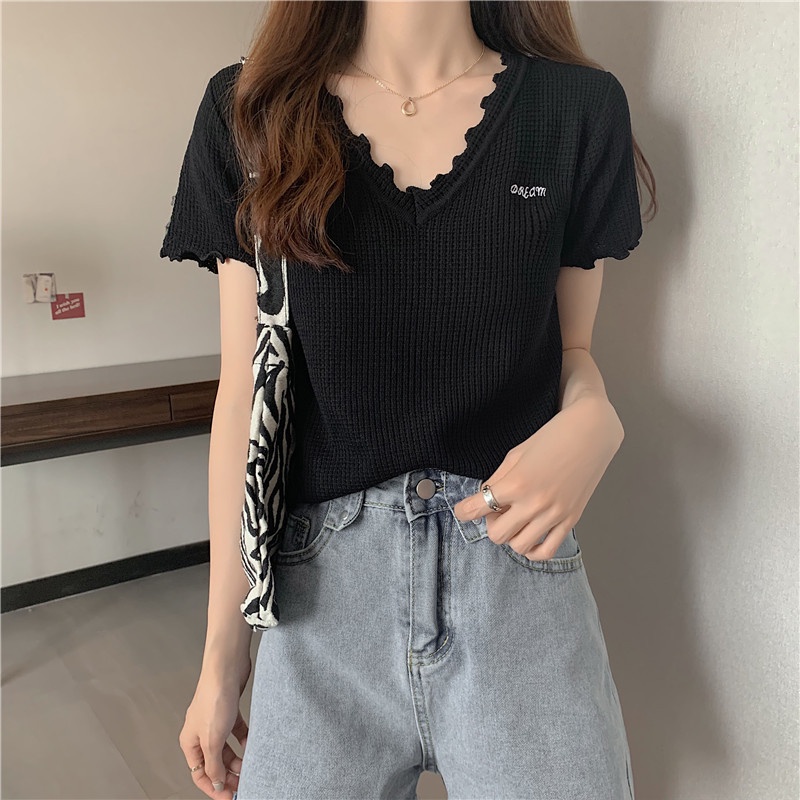 IELGY    Áo Thun Dệt Kim Mỏng Tay Cộc Đa Năng Cho Nữ