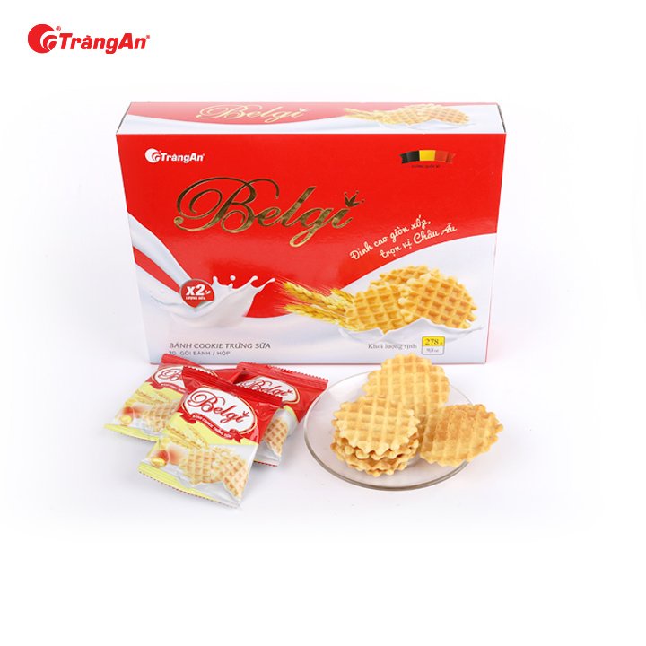 Combo ăn sáng CB8: 1 hộp bánh quy giòn Belgi 278g và 1 gói bánh trứng ruốc thịt gà Fasty 156g, thương hiệu Tràng An