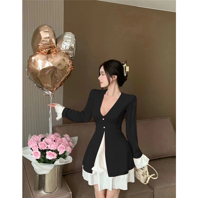 Đầm Giả Hai Mảnh Cổ Chữ V Phối Bèo Thời Trang Mùa Thu Phong Cách Mới 2022