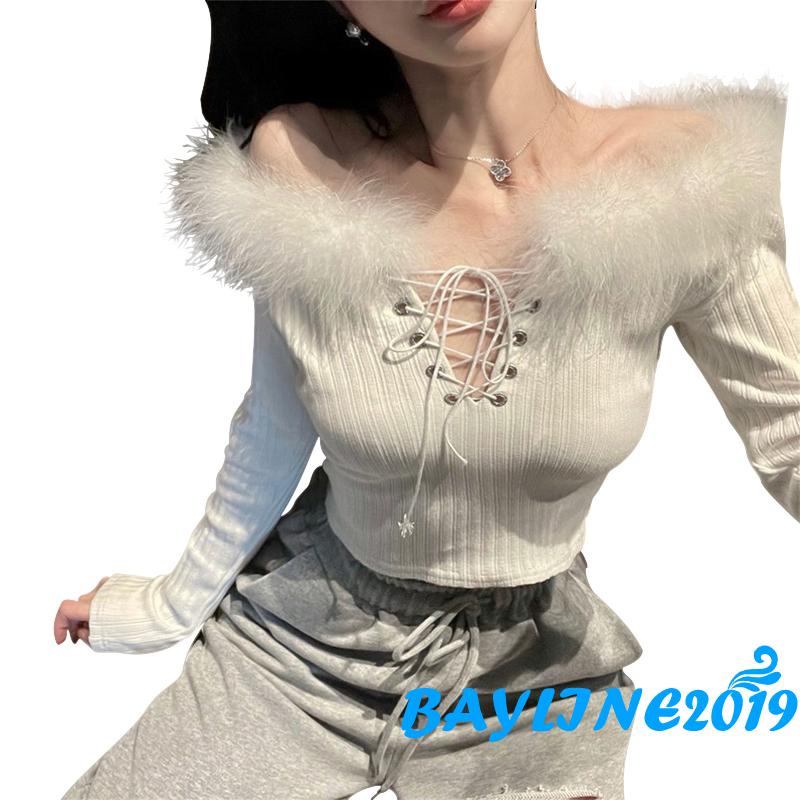 Áo croptop dệt kim tay dài cổ chữ V có dây rút thời trang thường nhật dành cho bạn nữ mặc dự tiệc